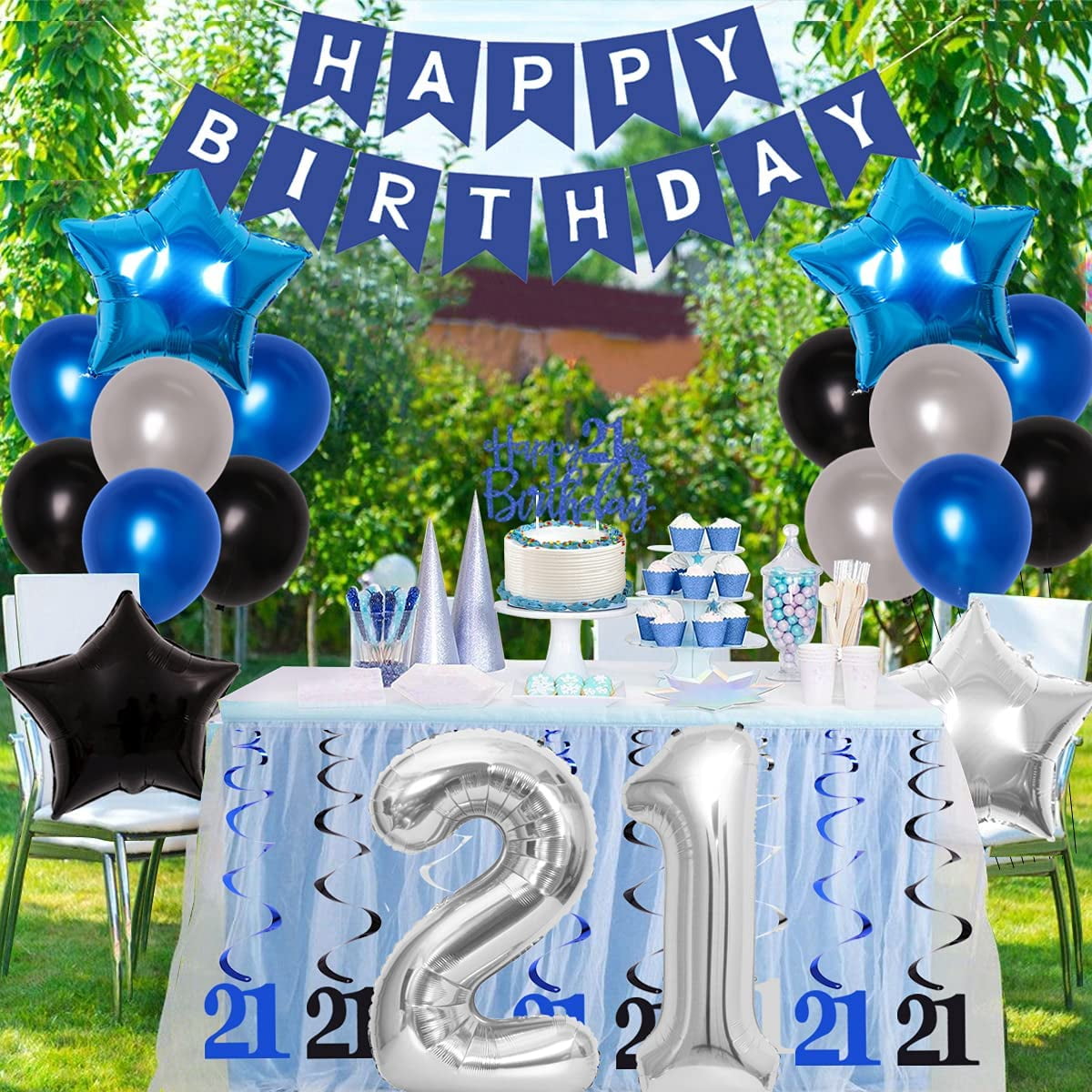 Blue and Silver 21st Birthday Decorations for Boy Men and Women 21st Birthday Party Supplies Pack 21 and Happy Birthday Balloons Banner Hanging Swirls Cake Topper - Walmart.com